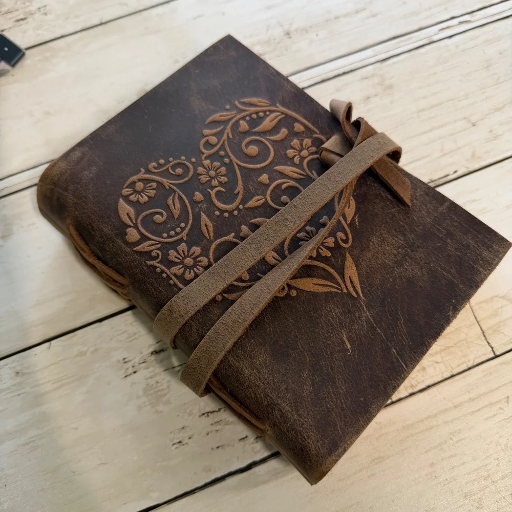Moonster Leather Journal Unisex 5x7 Brown Heart Embossed Refillable Notebook
